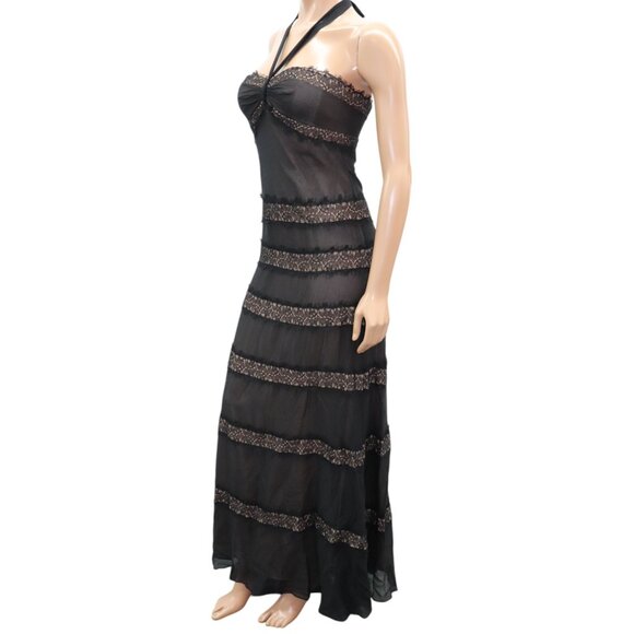 BCBGMaxAzria Black Silk & Lace Tiered Maxi Dress Gown w/ Nude Size 8 - Picture 3 of 10